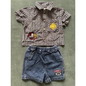 Mickey & Co. 12mo Set Mickey Pluto Firetruck Shorts, Collared Shirt Applique Y2K